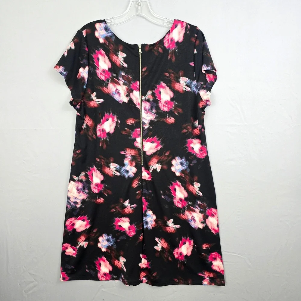 New Directions Petite‎ Short Sleeve Back Zipper Round Neck Print Black Dress PXL